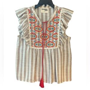 Savanna Jane Sz S Beige Red Tassle Tie Striped Embroidered Boho Blouse